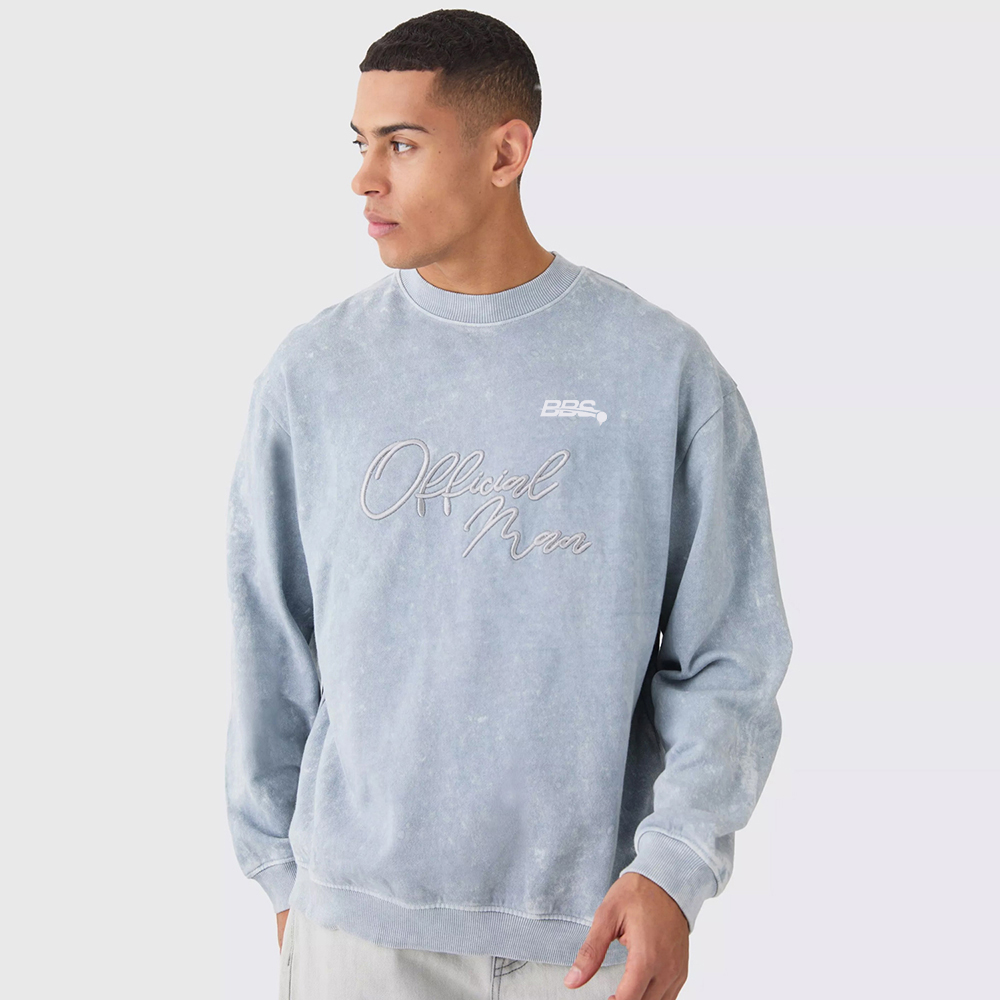 Oversized Extended Neck Acid Wash Embroidered Man Sweatshirt