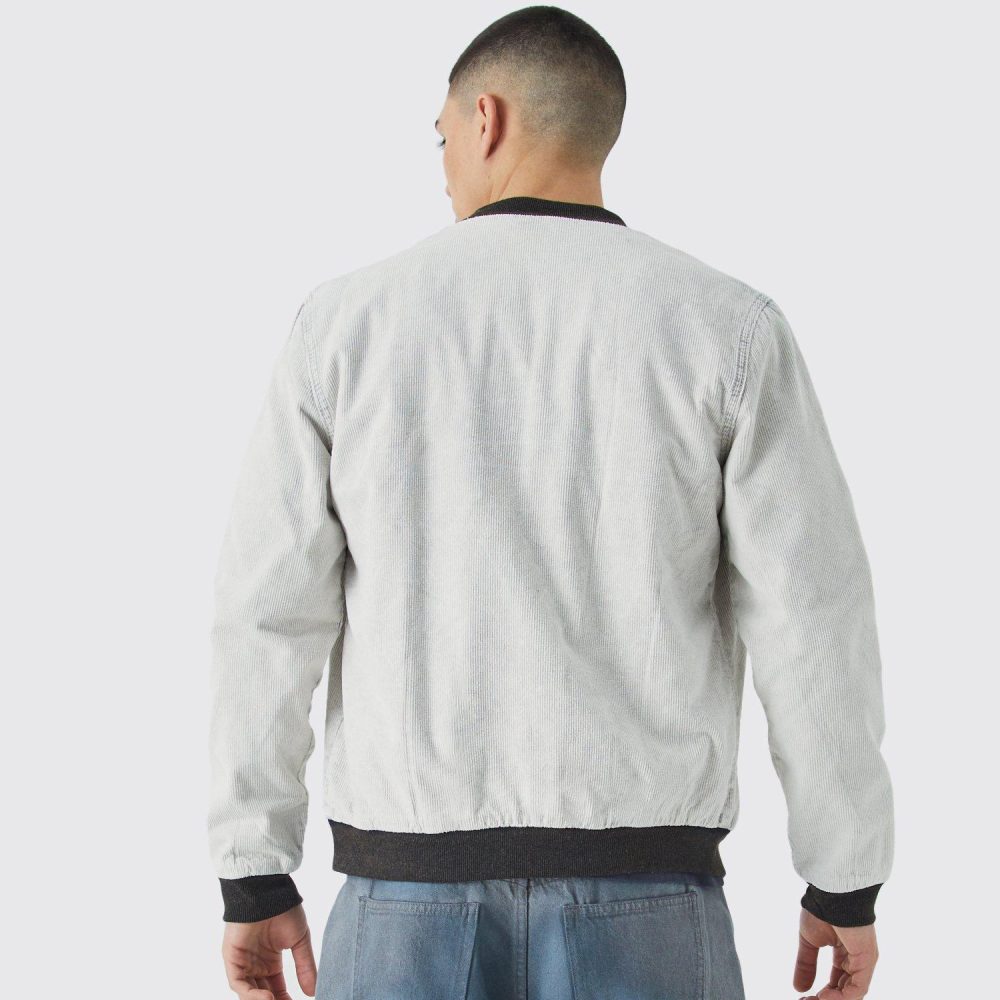 Cord Acid Wash Quilted Bomber Jacket in Light Grey - Image 2