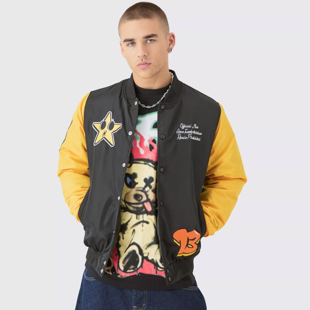 Nylon Embroidered Varsity Jacket in Black